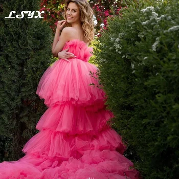 Элегантное красно-розовое свадебное платье LSYX 2023 без рукавов, без бретелек, Многоуровневое, трапециевидное, с открытой спиной, длиной до пола, тюлевое вечернее платье для выпускного вечера