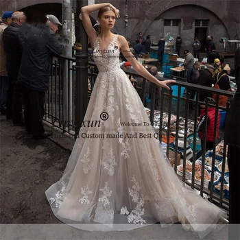Элегантное кружевное свадебное платье Трапециевидной формы с аппликациями, женское свадебное платье без рукавов с V-образным вырезом и шлейфом Vestidos De Novia